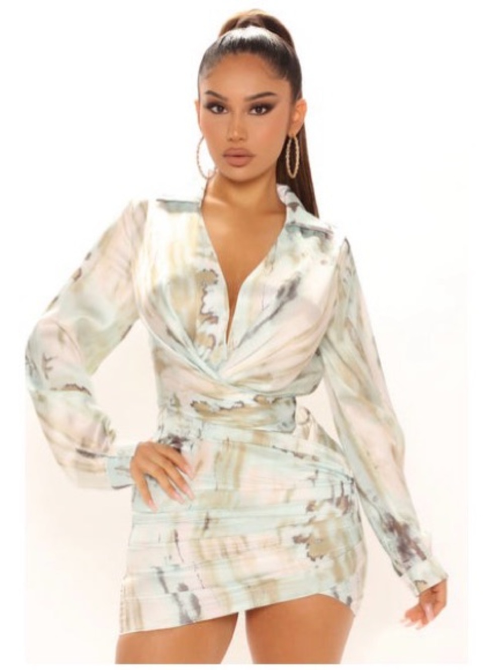 Satin Marble-Print Wrap Mini Dress in Mint